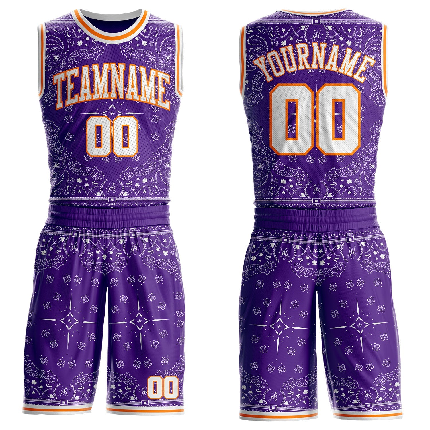 Custom Purple White-Bay Orange Paisley Bandana Round Neck Sublimation Basketball Uniform Jersey - Main View