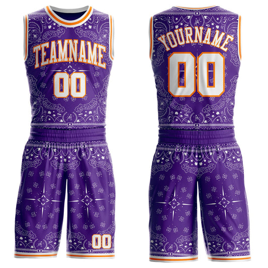 Custom Purple White-Bay Orange Paisley Bandana Round Neck Sublimation Basketball Uniform Jersey - Main View