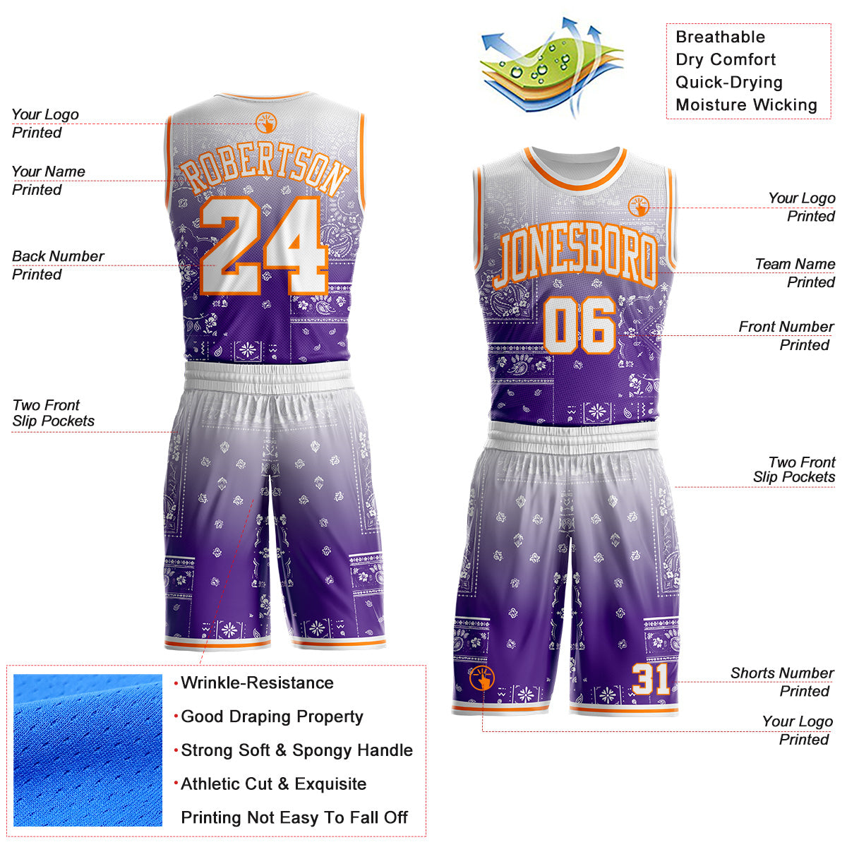 Custom Purple White-Bay Orange Paisley Bandana Patchwork Round Neck Sublimation Basketball Uniform Jersey view 2
