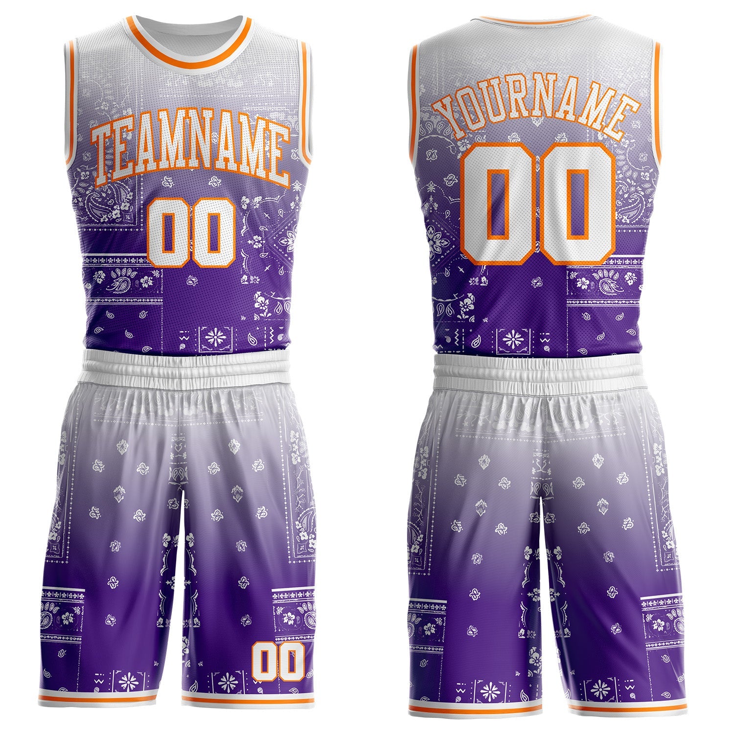 Custom Purple White-Bay Orange Paisley Bandana Patchwork Round Neck Sublimation Basketball Uniform Jersey - Main View