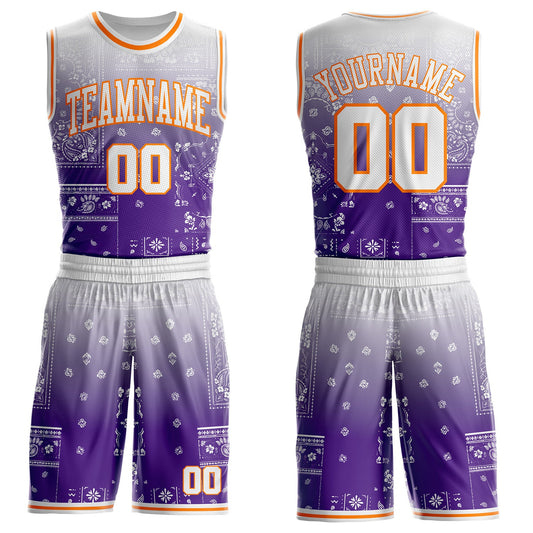 Custom Purple White-Bay Orange Paisley Bandana Patchwork Round Neck Sublimation Basketball Uniform Jersey - Main View