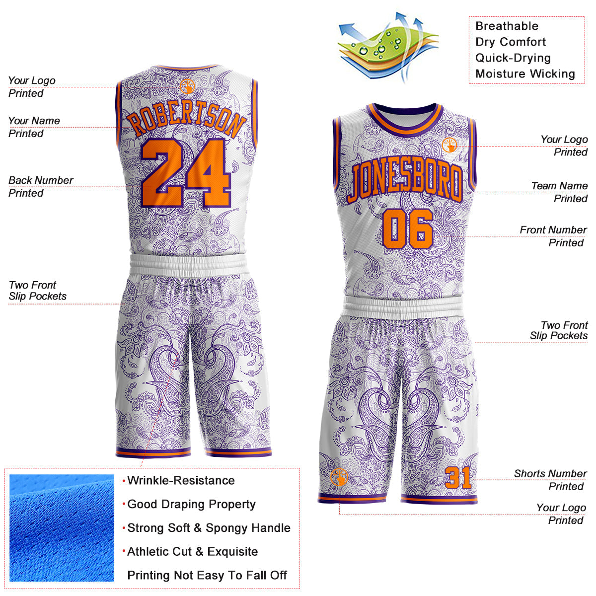 Custom White Bay Orange-Purple Paisley Bandana Round Neck Sublimation Basketball Uniform Jersey view 2