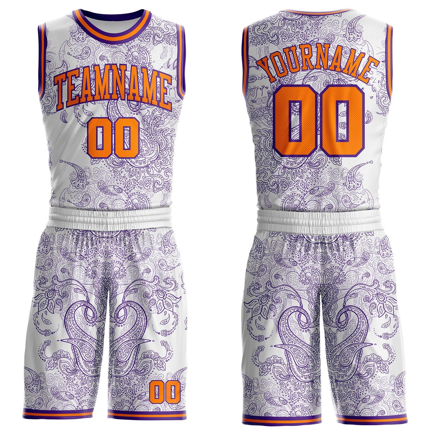 Custom White Bay Orange-Purple Paisley Bandana Round Neck Sublimation Basketball Uniform Jersey - Main View