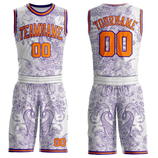 Custom White Bay Orange-Purple Paisley Bandana Round Neck Sublimation Basketball Uniform Jersey - Main View