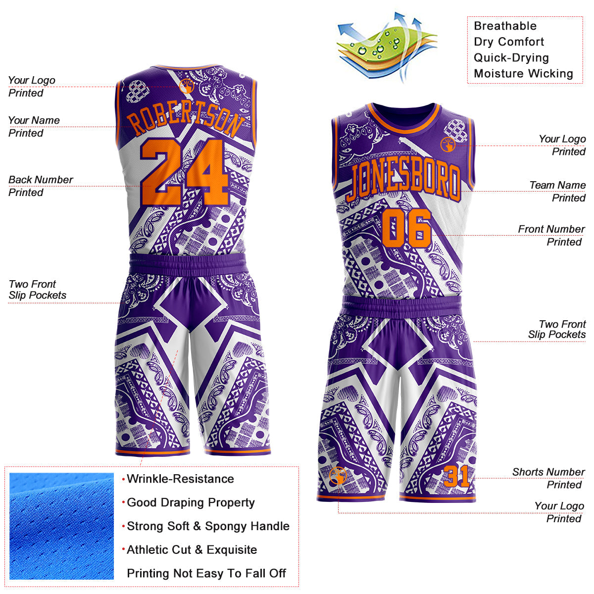 Custom Purple-Bay Orange Paisley Bandana Patchwork Round Neck Sublimation Basketball Uniform Jersey view 2