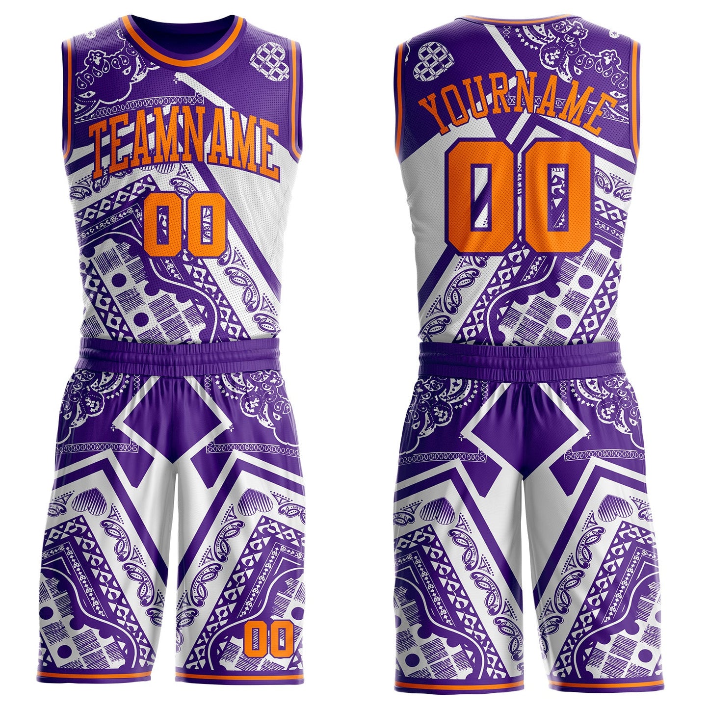 Custom Purple-Bay Orange Paisley Bandana Patchwork Round Neck Sublimation Basketball Uniform Jersey - Main View