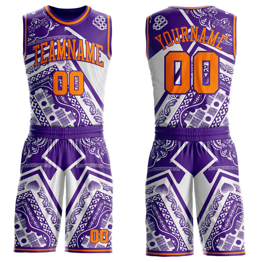 Custom Purple-Bay Orange Paisley Bandana Patchwork Round Neck Sublimation Basketball Uniform Jersey - Main View