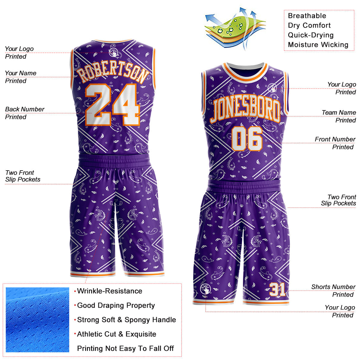Custom Purple White-Bay Orange Paisley Bandana Patchwork Round Neck Sublimation Basketball Uniform Jersey view 2