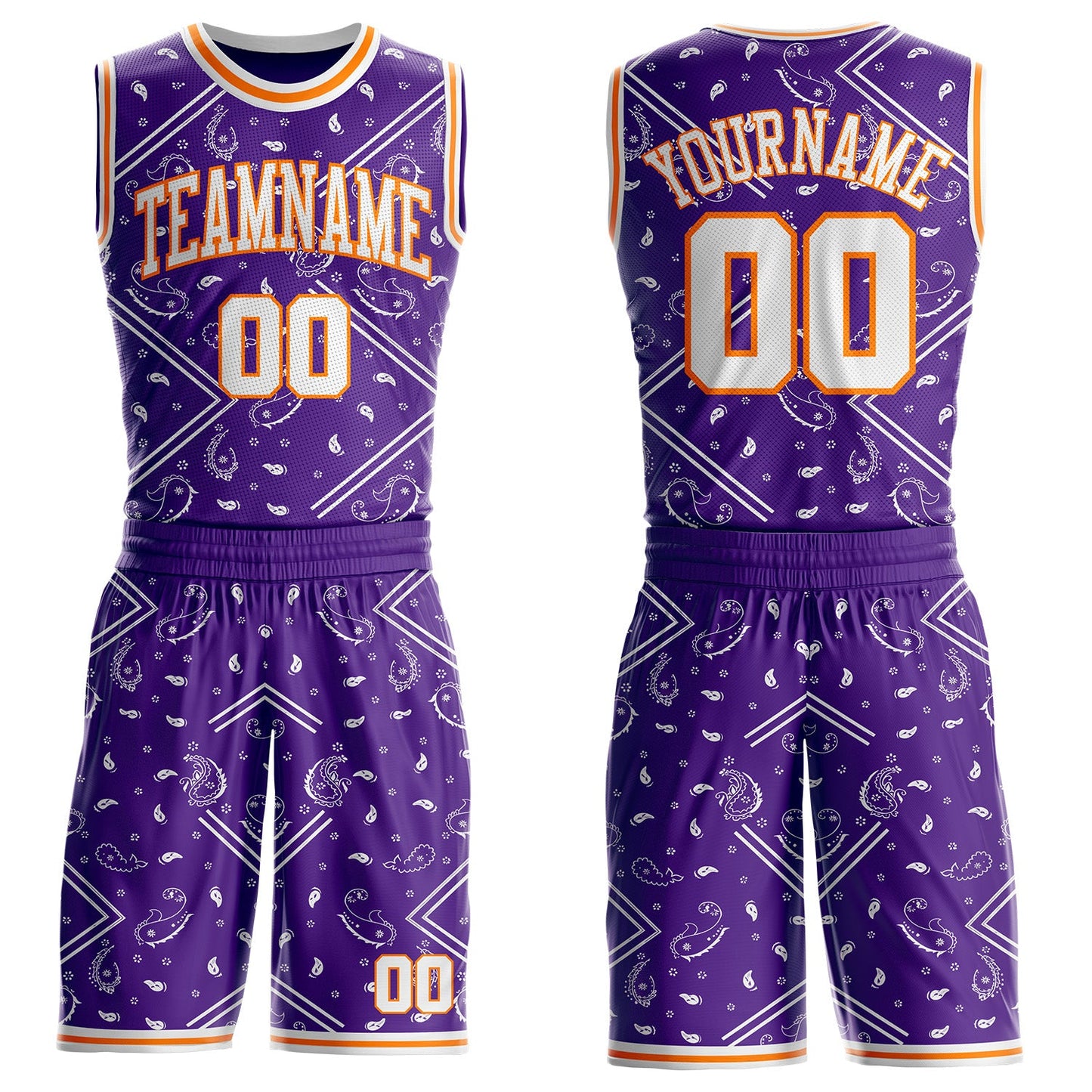 Custom Purple White-Bay Orange Paisley Bandana Patchwork Round Neck Sublimation Basketball Uniform Jersey - Main View