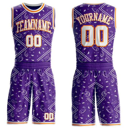 Custom Purple White-Bay Orange Paisley Bandana Patchwork Round Neck Sublimation Basketball Uniform Jersey - Main View