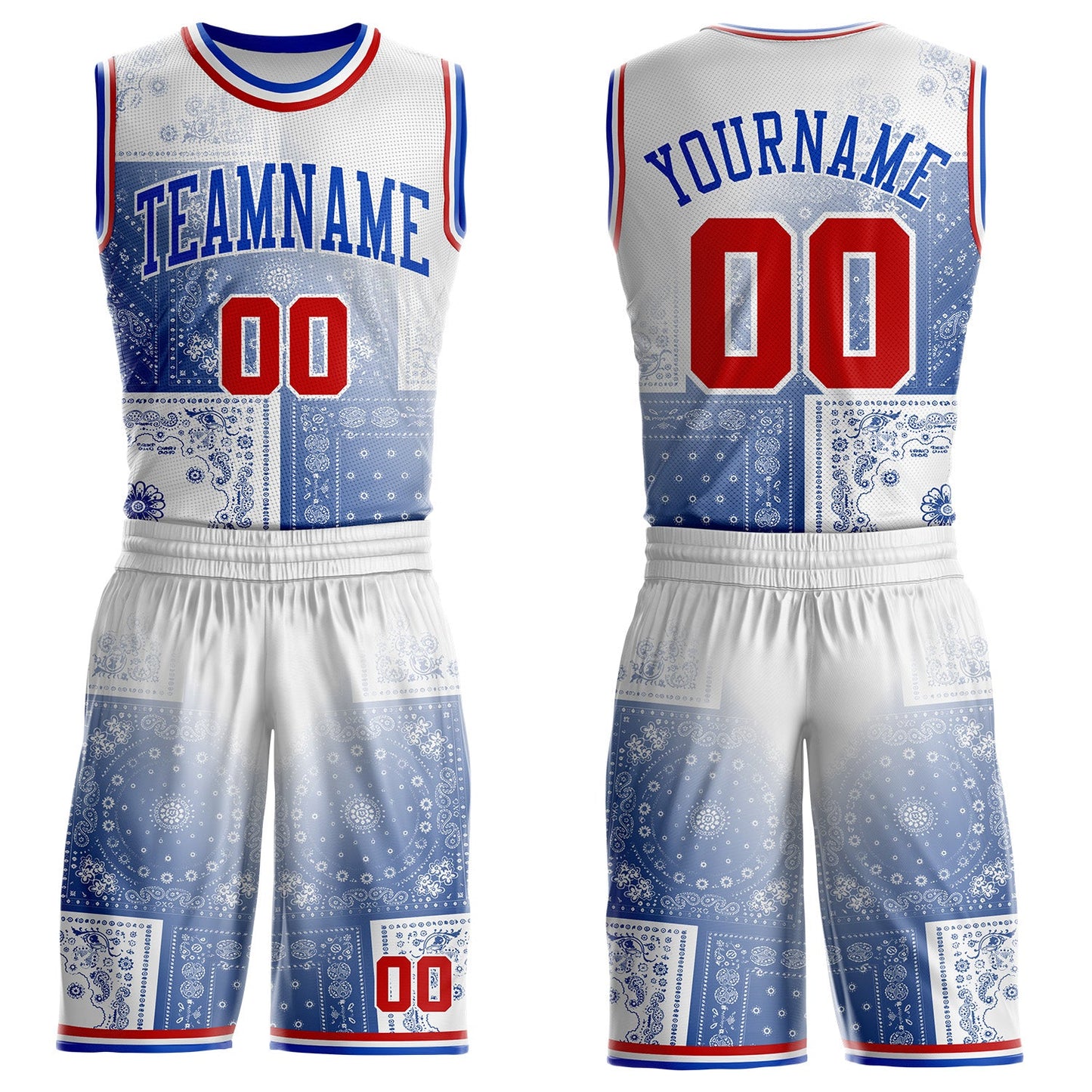 Custom White Red-Thunder Blue Paisley Bandana Patchwork Round Neck Sublimation Basketball Uniform Jersey - Main View