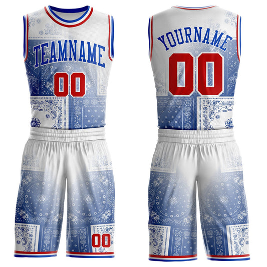 Custom White Red-Thunder Blue Paisley Bandana Patchwork Round Neck Sublimation Basketball Uniform Jersey - Main View