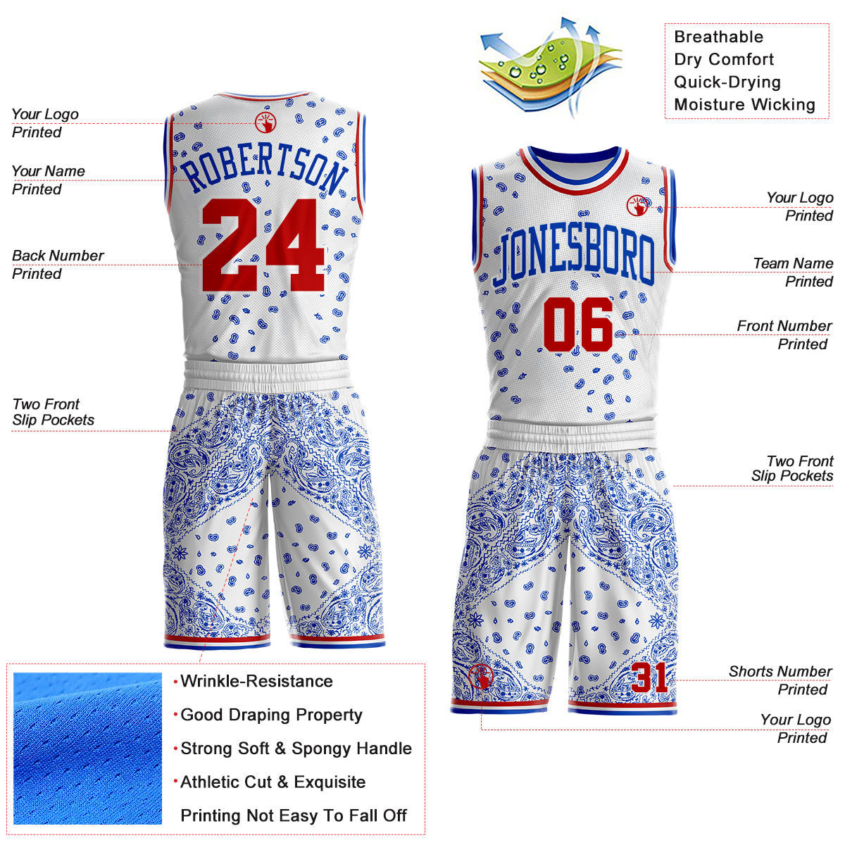 Custom White Red-Thunder Blue Paisley Bandana Patchwork Round Neck Sublimation Basketball Uniform Jersey view 2