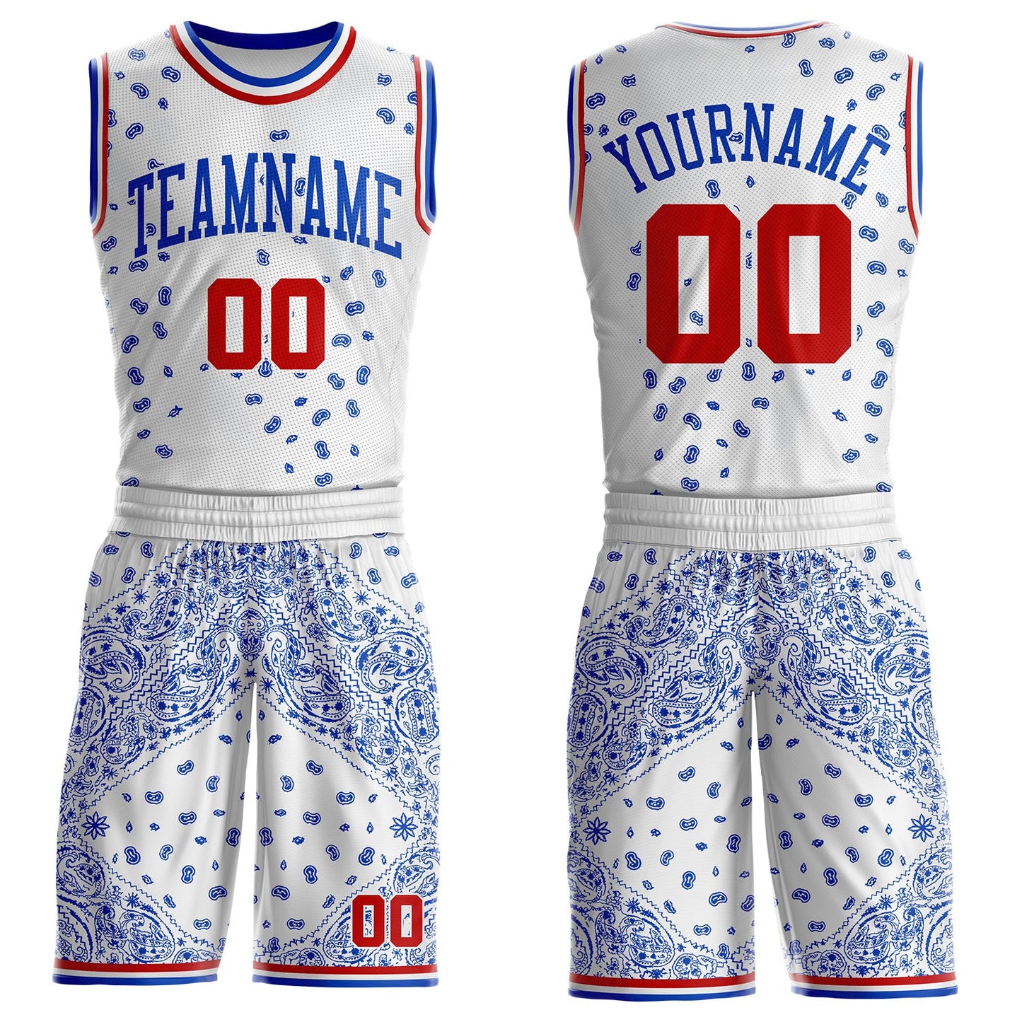 Custom White Red-Thunder Blue Paisley Bandana Patchwork Round Neck Sublimation Basketball Uniform Jersey - Main View