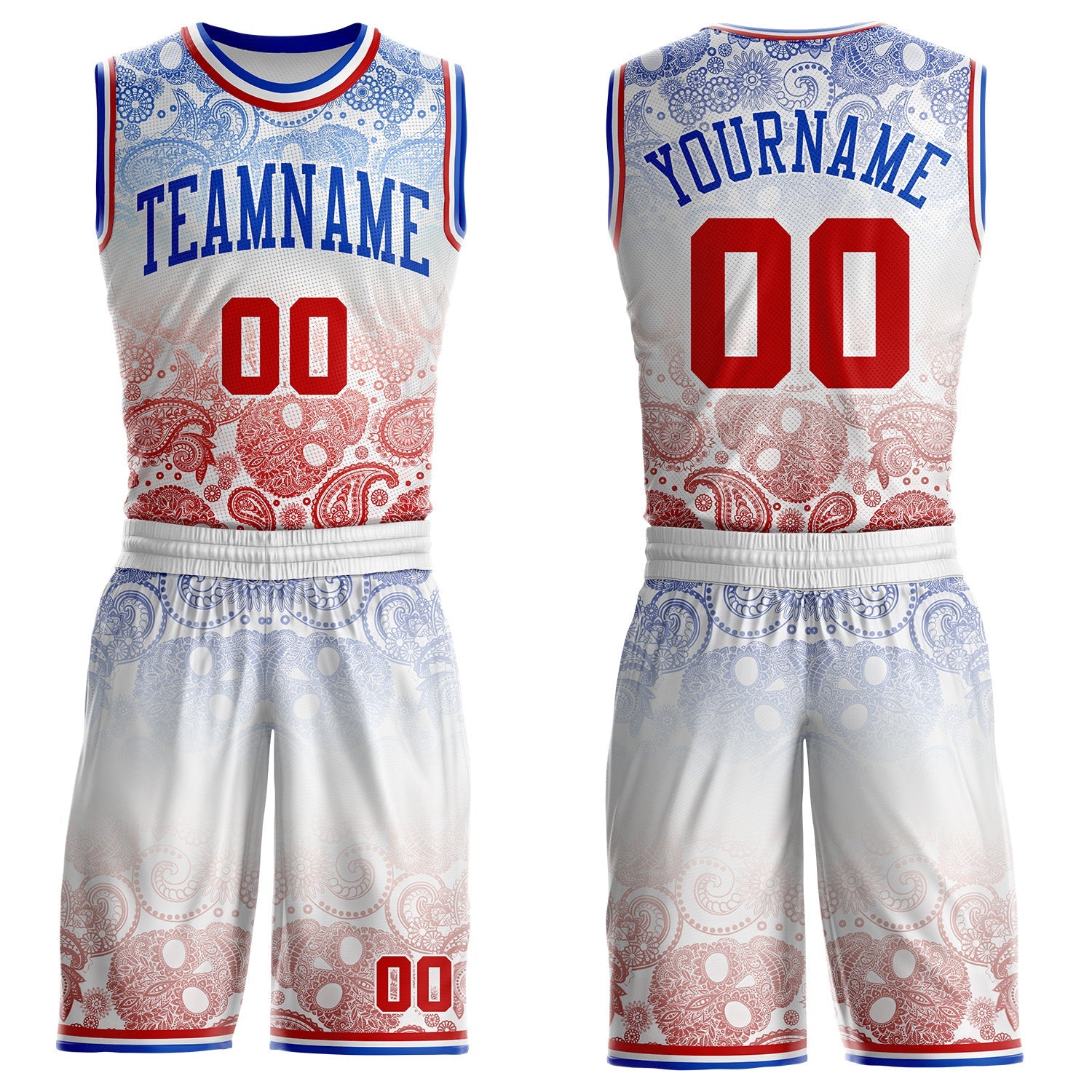 Custom White Red-Thunder Blue Gradient Bandana Paisley Round Neck Sublimation Basketball Uniform Jersey - Main View