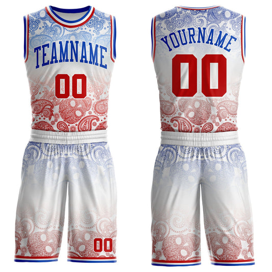 Custom White Red-Thunder Blue Gradient Bandana Paisley Round Neck Sublimation Basketball Uniform Jersey - Main View