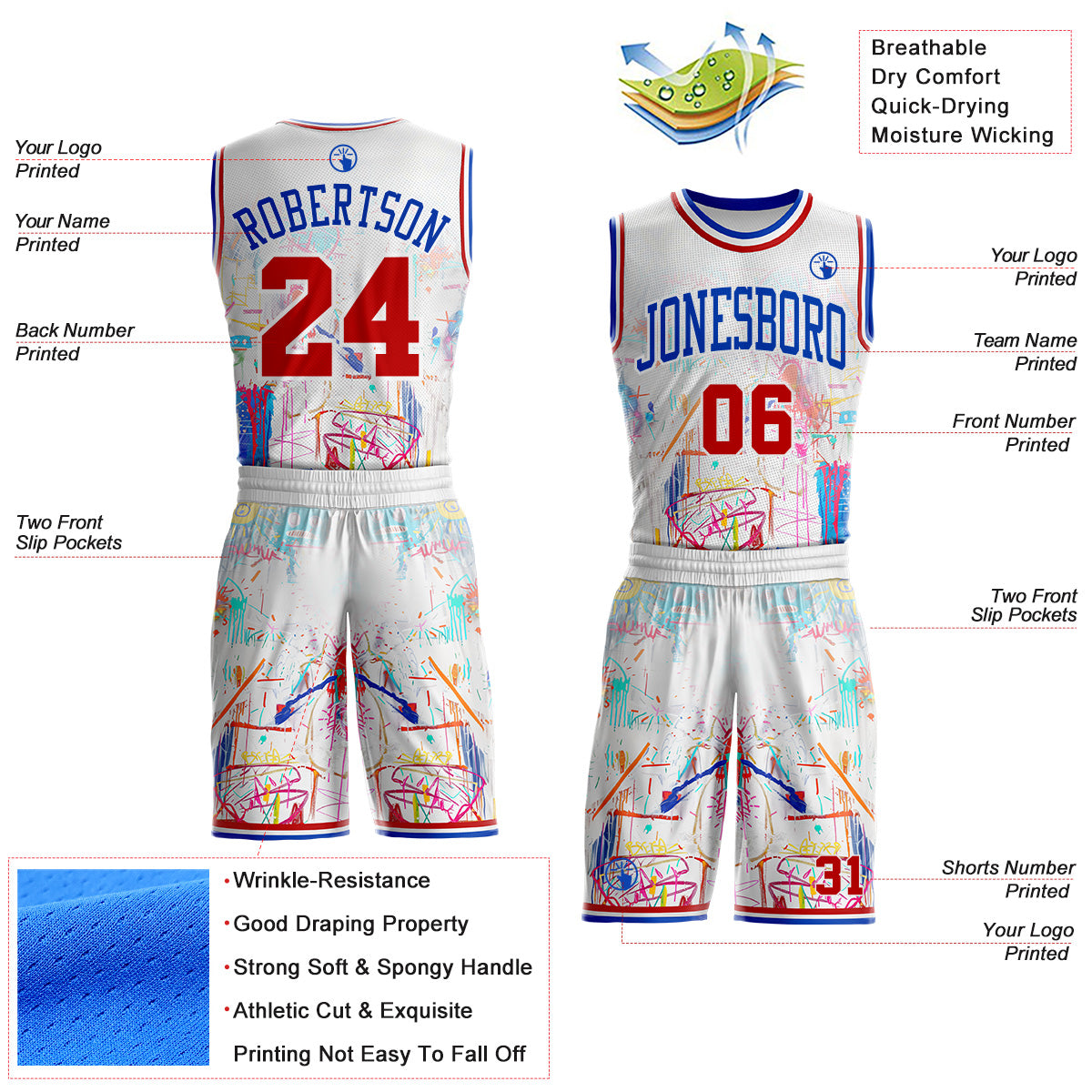 Custom White Red-Thunder Blue Hiphop Street Graffiti Round Neck Sublimation Basketball Uniform Jersey view 2