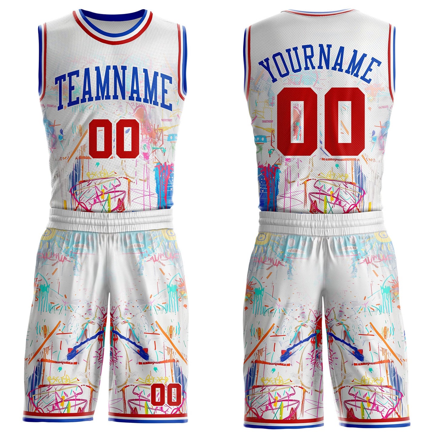 Custom White Red-Thunder Blue Hiphop Street Graffiti Round Neck Sublimation Basketball Uniform Jersey - Main View