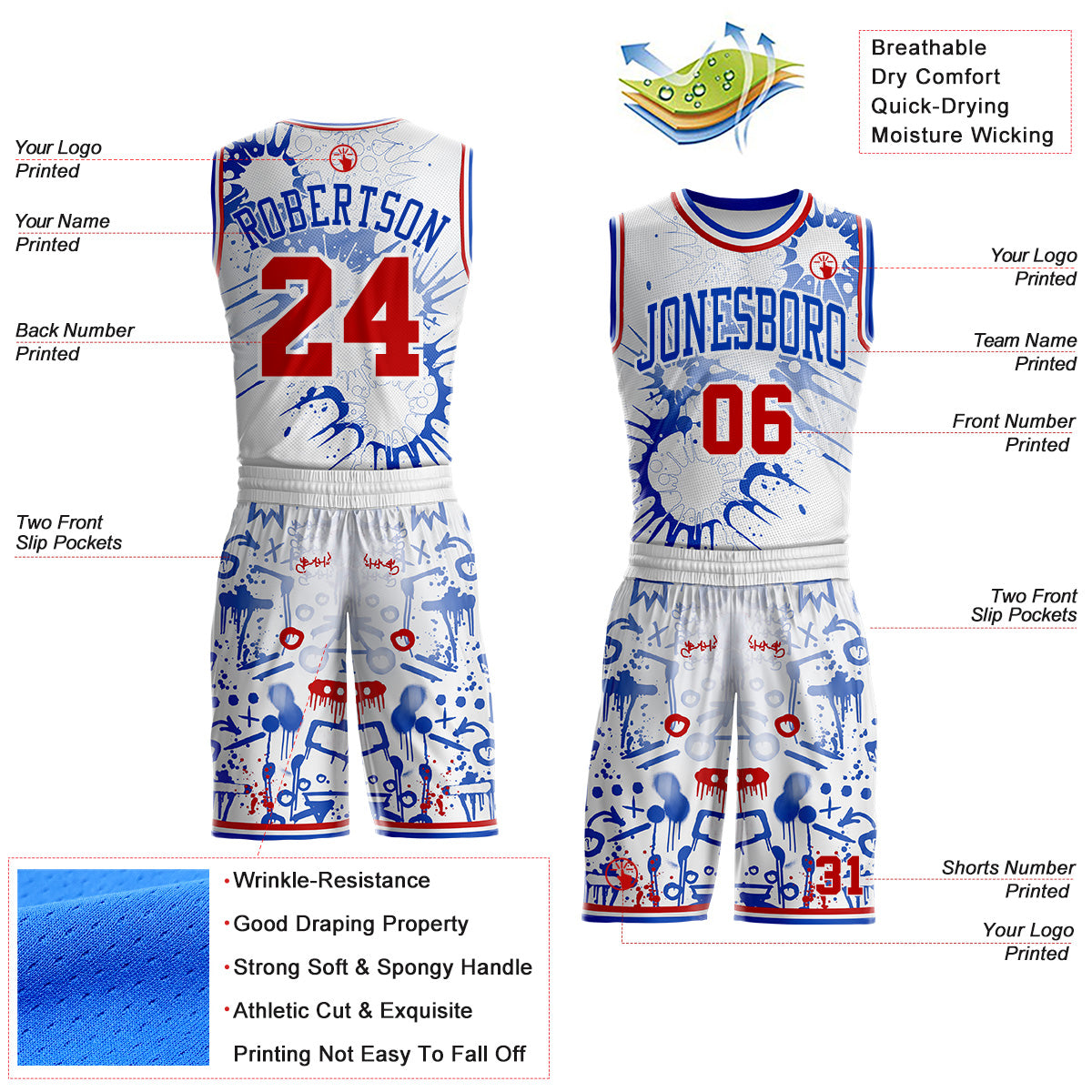 Custom White Red-Thunder Blue Hiphop Street Graffiti Splatter Round Neck Sublimation Basketball Uniform Jersey view 2