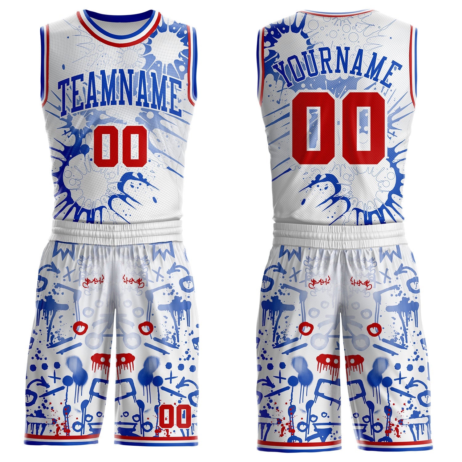 Custom White Red-Thunder Blue Hiphop Street Graffiti Splatter Round Neck Sublimation Basketball Uniform Jersey - Main View