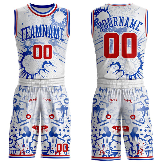 Custom White Red-Thunder Blue Hiphop Street Graffiti Splatter Round Neck Sublimation Basketball Uniform Jersey - Main View