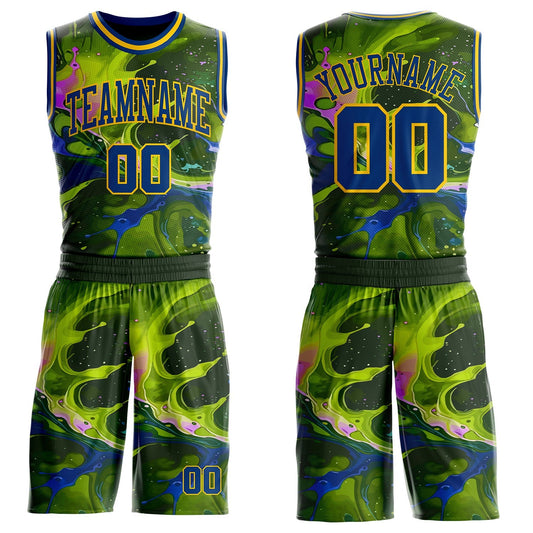 Custom Green US Navy Blue-Yellow Psychedelic Acid Fluid Round Neck Sublimation Basketball Uniform Jersey - Main View