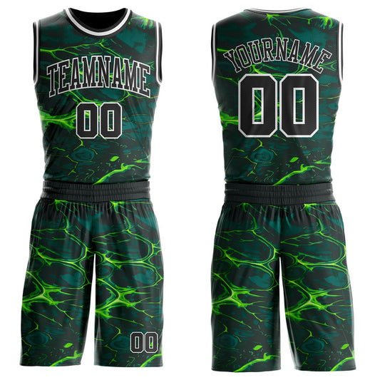 Custom Green Black-White Psychedelic Acid Fluid Round Neck Sublimation Basketball Uniform Jersey - Main View