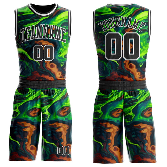 Custom Green Black Brown-White Psychedelic Acid Fluid Round Neck Sublimation Basketball Uniform Jersey - Main View