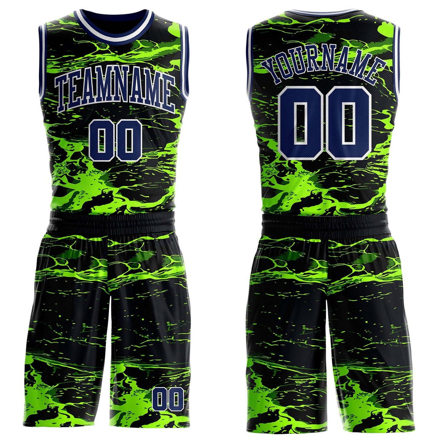 Custom Black Navy Green-White Psychedelic Acid Fluid Round Neck Sublimation Basketball Uniform Jersey - Main View