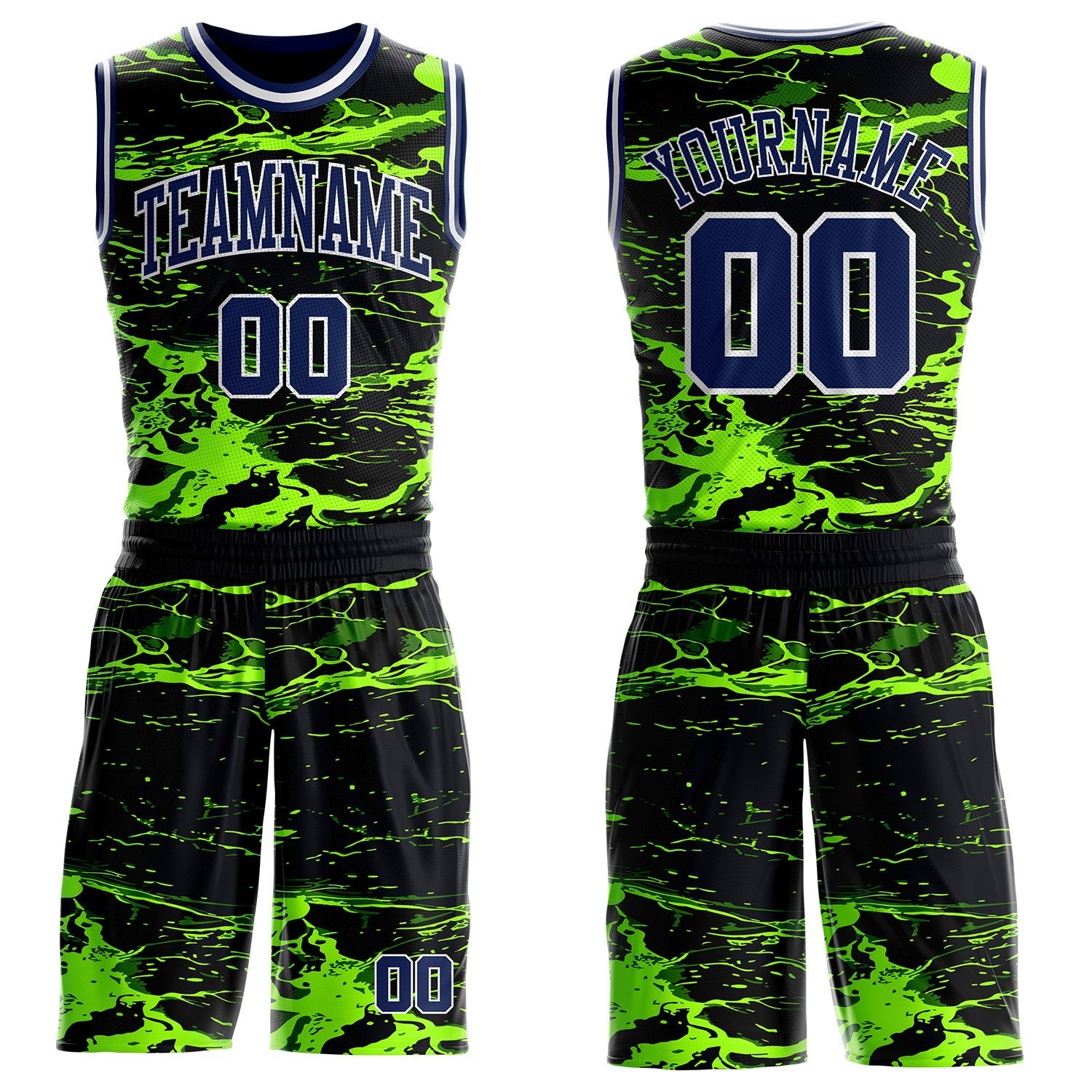 Custom Black Navy Green-White Psychedelic Acid Fluid Round Neck Sublimation Basketball Uniform Jersey - Main View