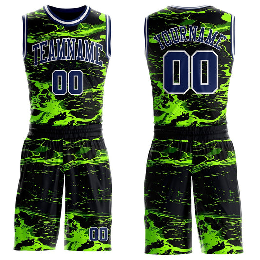 Custom Black Navy Green-White Psychedelic Acid Fluid Round Neck Sublimation Basketball Uniform Jersey - Main View