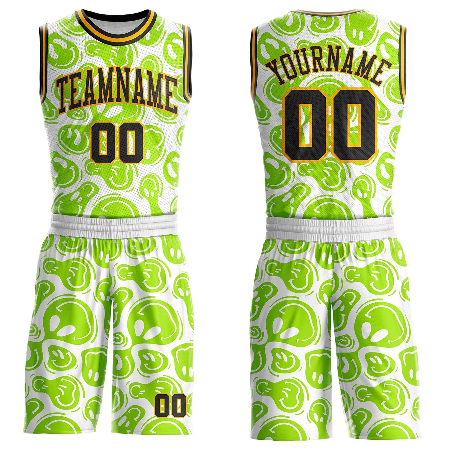 Custom White Black Neon Green-Gold Psychedelic Acid Fluid Round Neck Sublimation Basketball Uniform Jersey - Main View