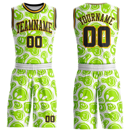 Custom White Black Neon Green-Gold Psychedelic Acid Fluid Round Neck Sublimation Basketball Uniform Jersey - Main View
