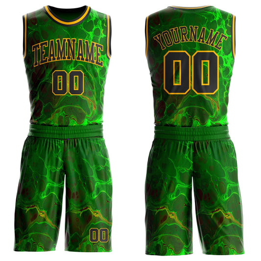 Custom Green Black-Gold Psychedelic Acid Fluid Round Neck Sublimation Basketball Uniform Jersey - Main View