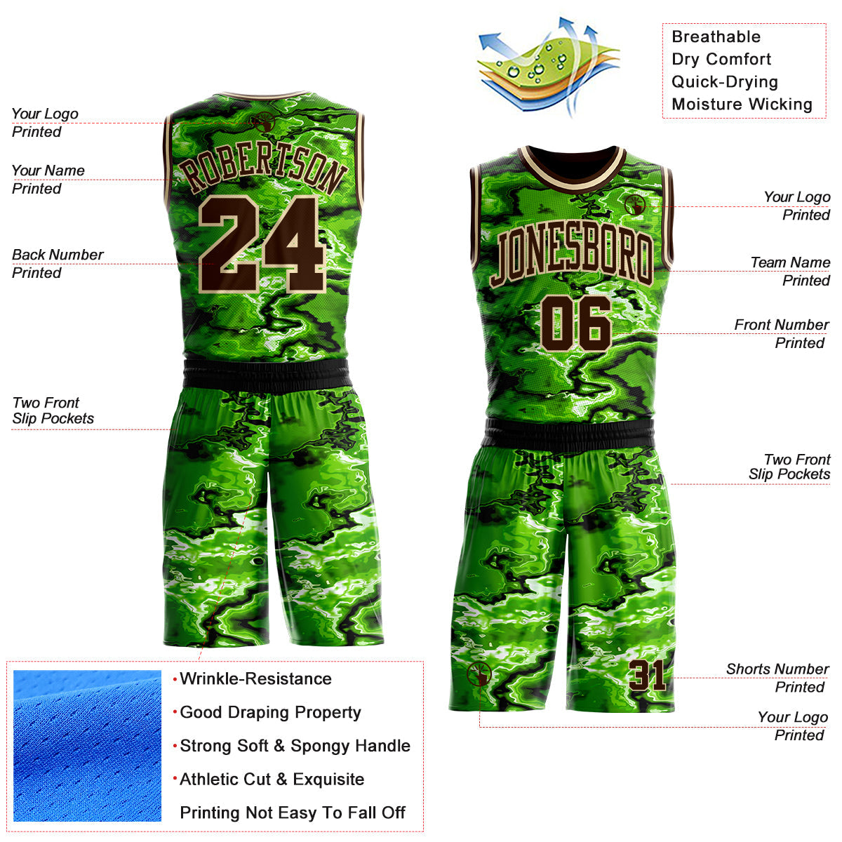 Custom Green Brown Black-Cream Psychedelic Acid Fluid Round Neck Sublimation Basketball Uniform Jersey view 2
