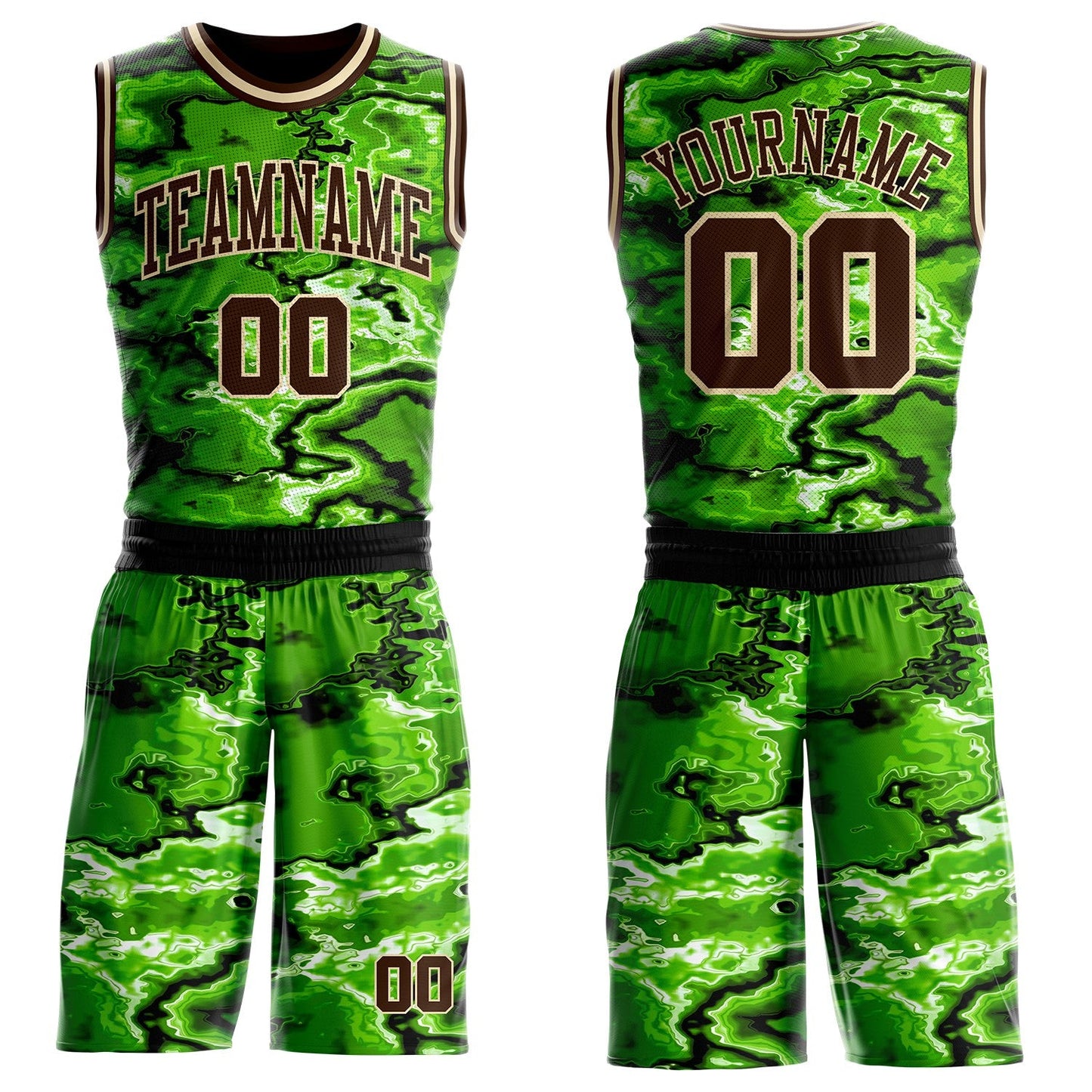 Custom Green Brown Black-Cream Psychedelic Acid Fluid Round Neck Sublimation Basketball Uniform Jersey - Main View