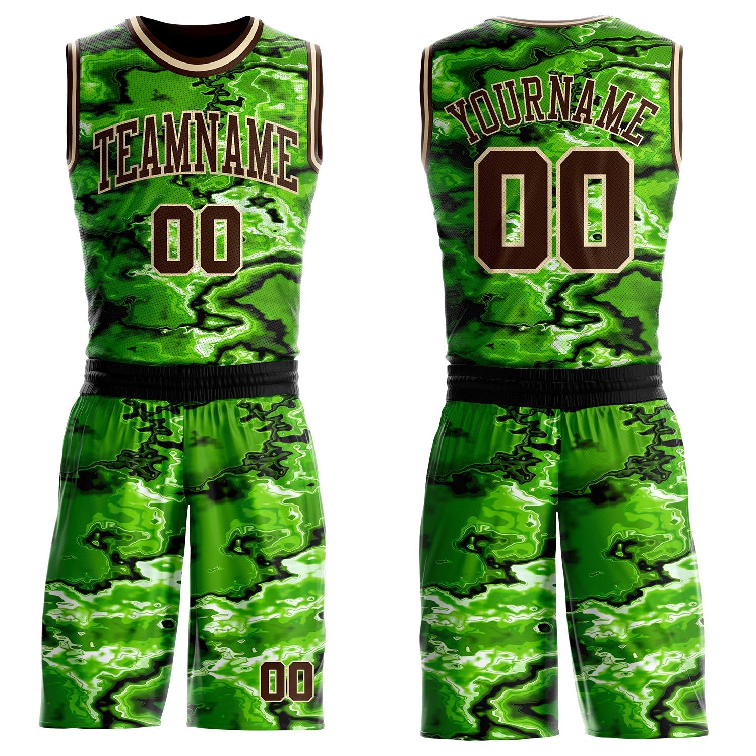 Custom Green Brown Black-Cream Psychedelic Acid Fluid Round Neck Sublimation Basketball Uniform Jersey - Main View