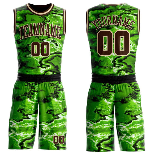 Custom Green Brown Black-Cream Psychedelic Acid Fluid Round Neck Sublimation Basketball Uniform Jersey - Main View