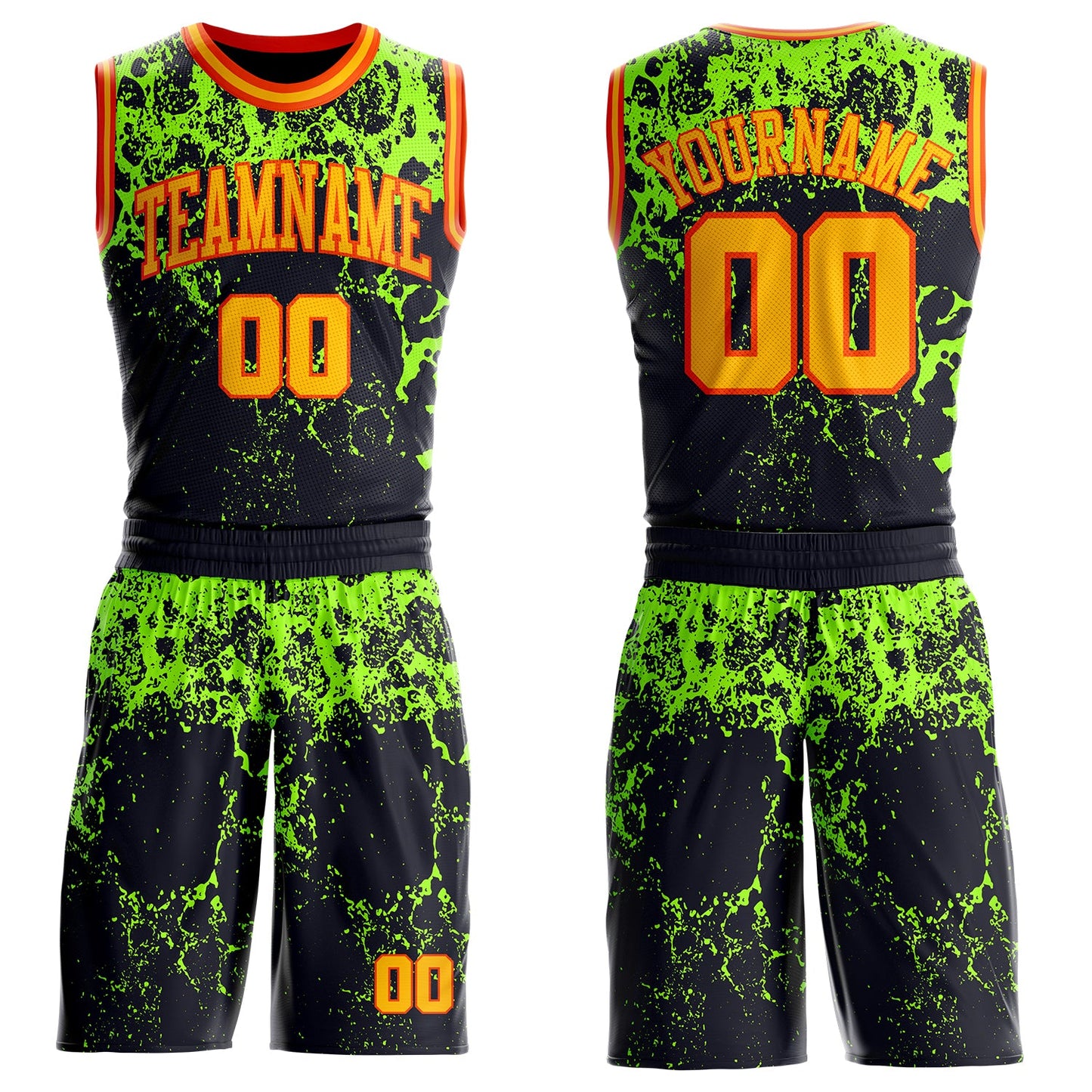 Custom Black Gold Green-Orange Psychedelic Acid Fluid Round Neck Sublimation Basketball Uniform Jersey - Main View