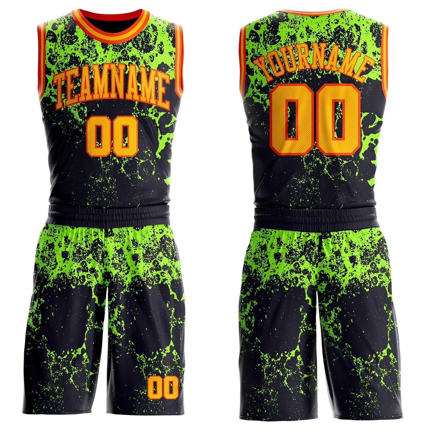 Custom Black Gold Green-Orange Psychedelic Acid Fluid Round Neck Sublimation Basketball Uniform Jersey - Main View