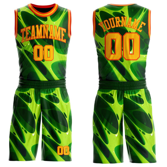 Custom Green Gold-Orange Psychedelic Acid Fluid Round Neck Sublimation Basketball Uniform Jersey - Main View