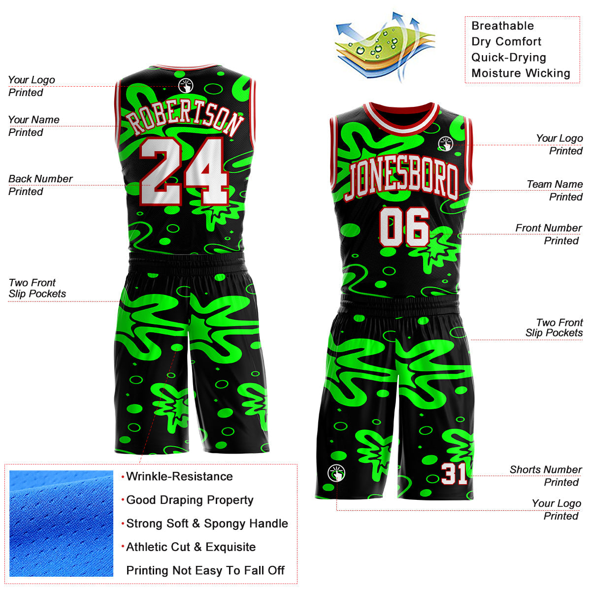 Custom Black White Green-Red Psychedelic Acid Fluid Round Neck Sublimation Basketball Uniform Jersey view 2