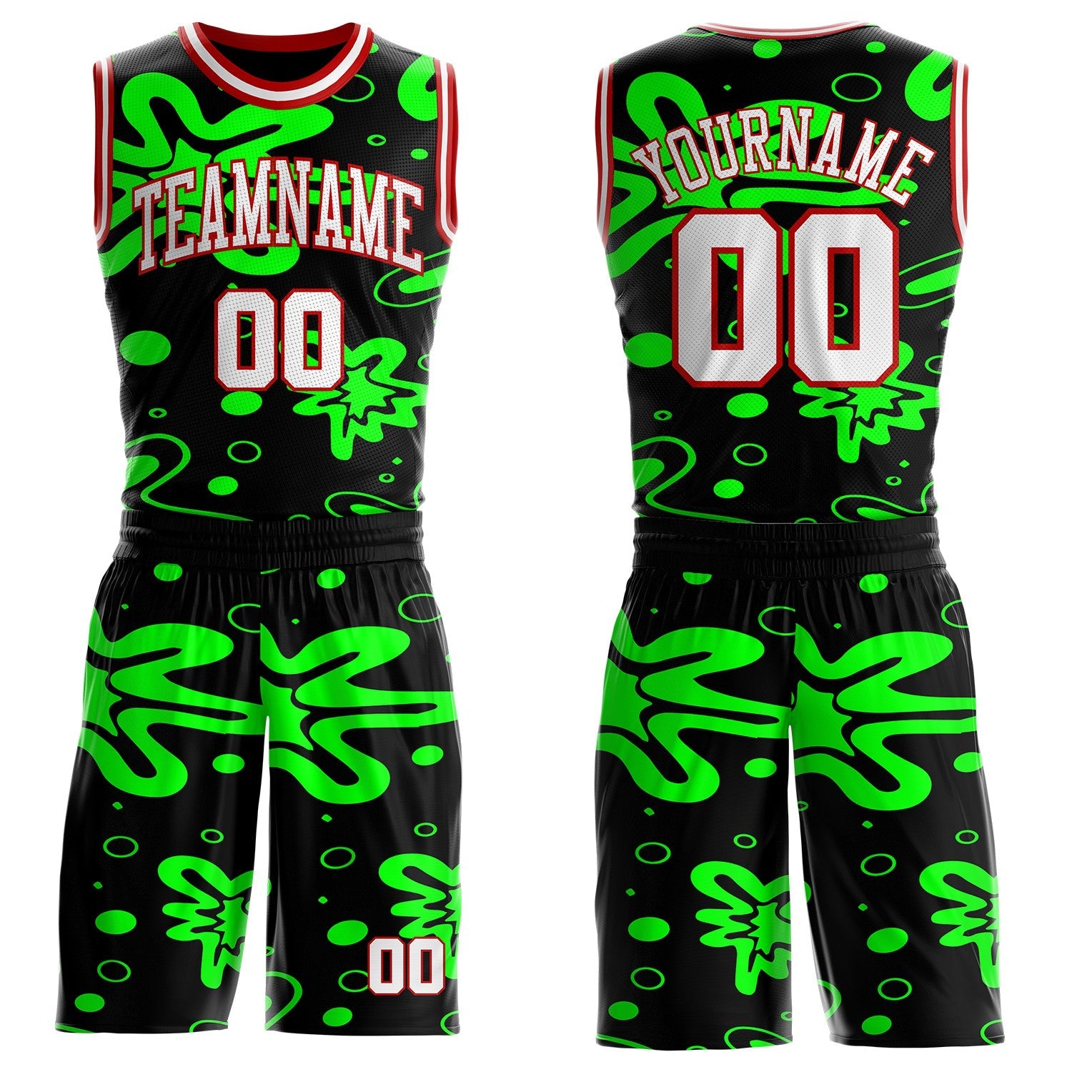 Custom Black White Green-Red Psychedelic Acid Fluid Round Neck Sublimation Basketball Uniform Jersey - Main View