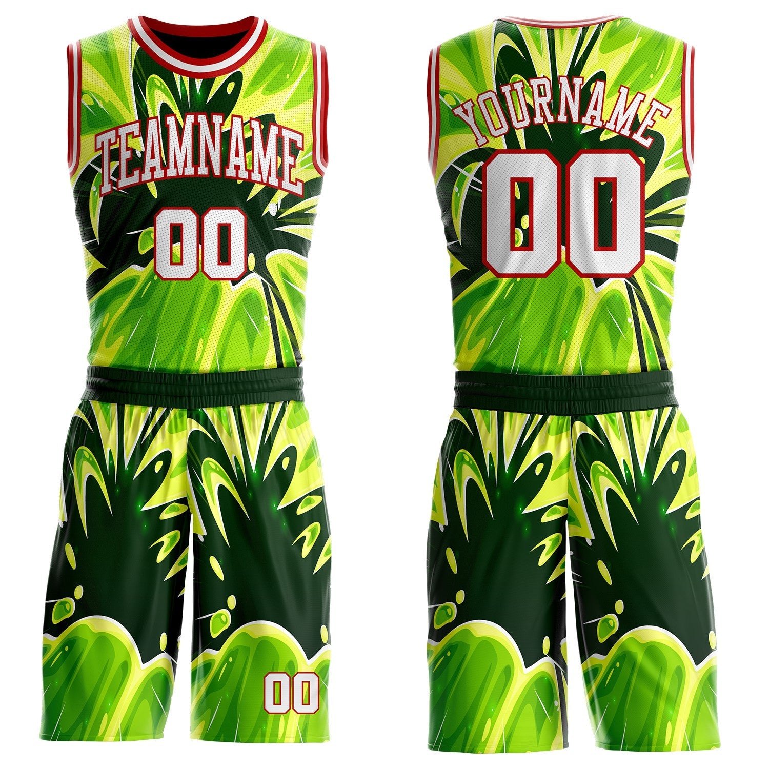 Custom Green White-Red Psychedelic Acid Fluid Round Neck Sublimation Basketball Uniform Jersey - Main View