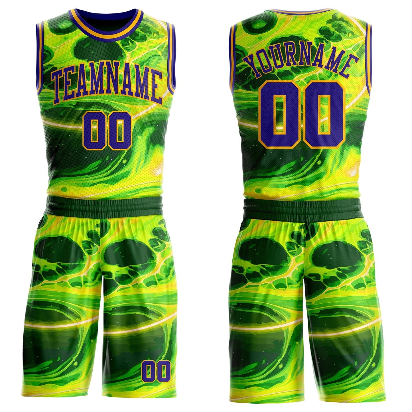 Custom Green Dark Purple-Gold Psychedelic Acid Fluid Round Neck Sublimation Basketball Uniform Jersey - Main View