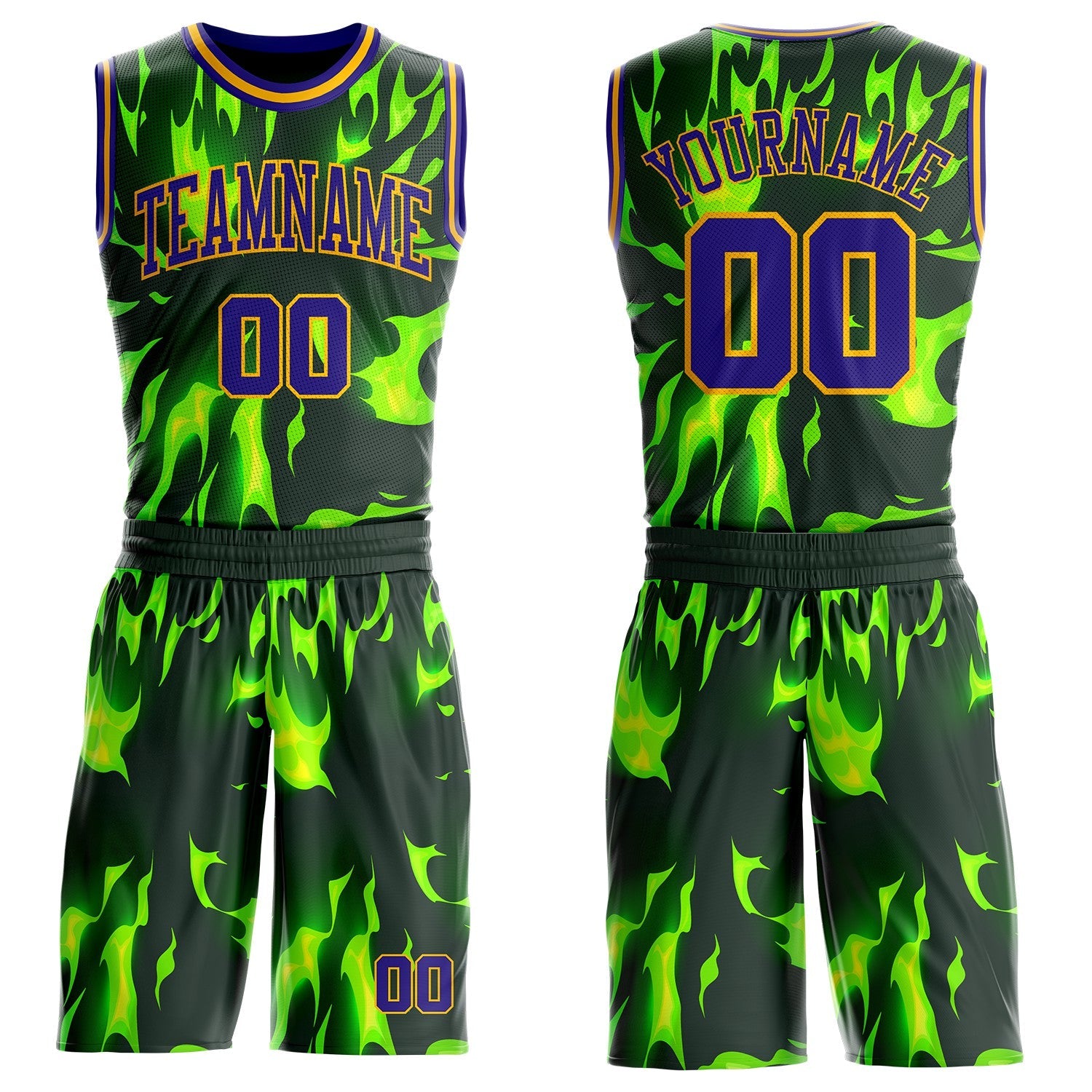 Custom Green Dark Purple-Gold Psychedelic Acid Fluid Round Neck Sublimation Basketball Uniform Jersey - Main View