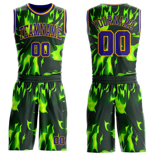 Custom Green Dark Purple-Gold Psychedelic Acid Fluid Round Neck Sublimation Basketball Uniform Jersey - Main View