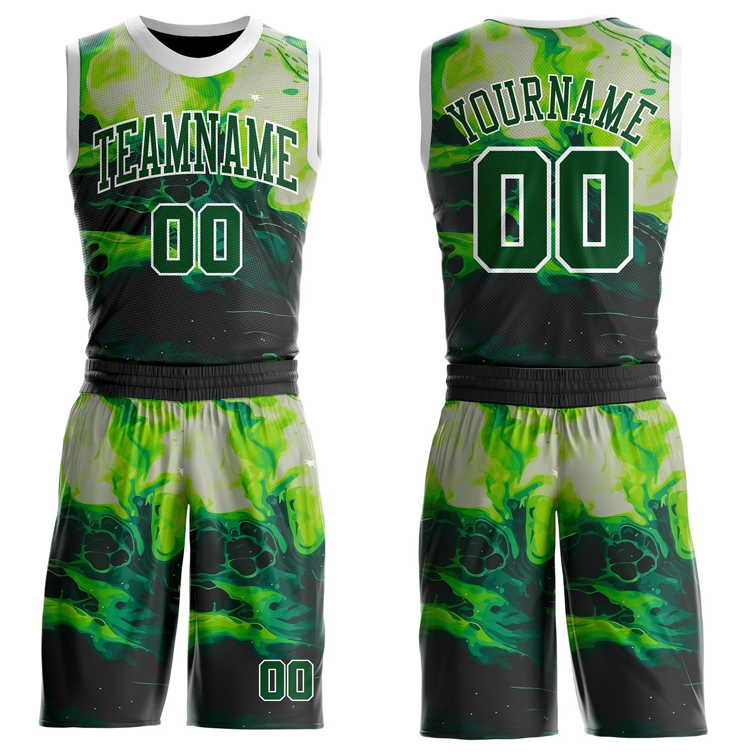 Custom Green Black-White Psychedelic Acid Fluid Round Neck Sublimation Basketball Uniform Jersey - Main View