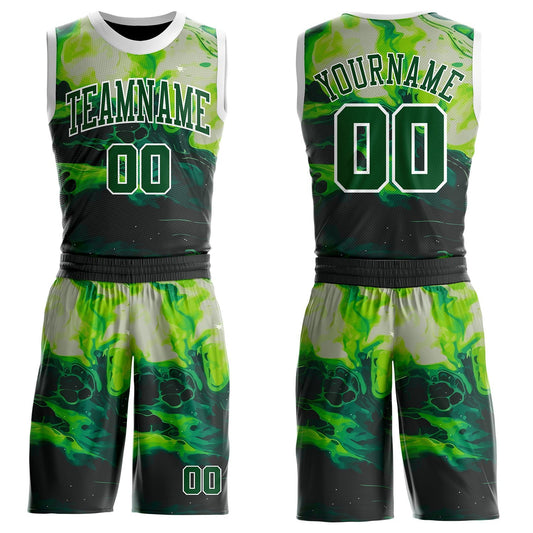 Custom Green Black-White Psychedelic Acid Fluid Round Neck Sublimation Basketball Uniform Jersey - Main View