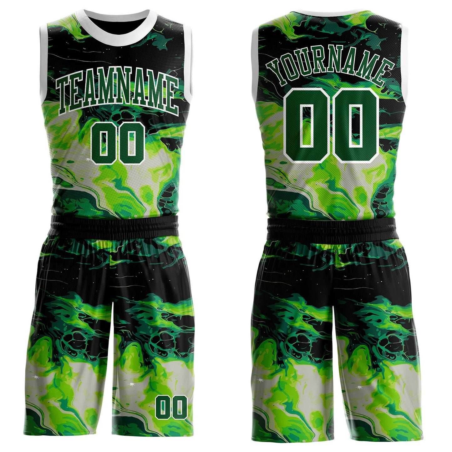 Custom Black Green-White Psychedelic Acid Fluid Round Neck Sublimation Basketball Uniform Jersey - Main View